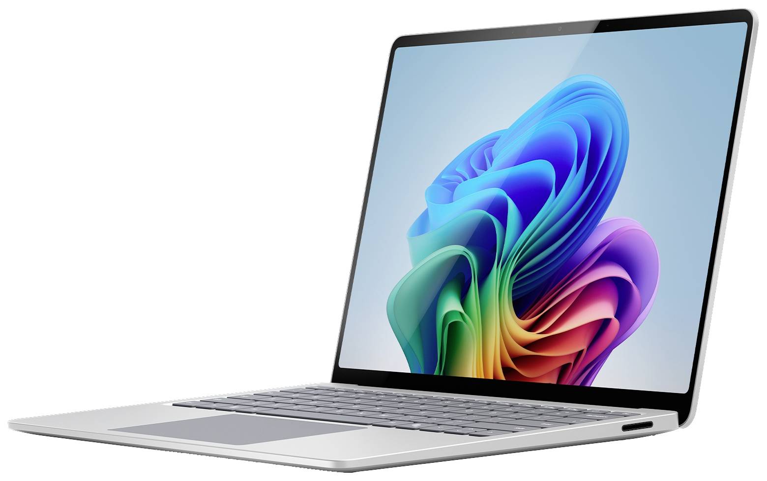 Un laptop moderno con lo schermo sollevato mostra un vivace pattern di onde 3D sul display.