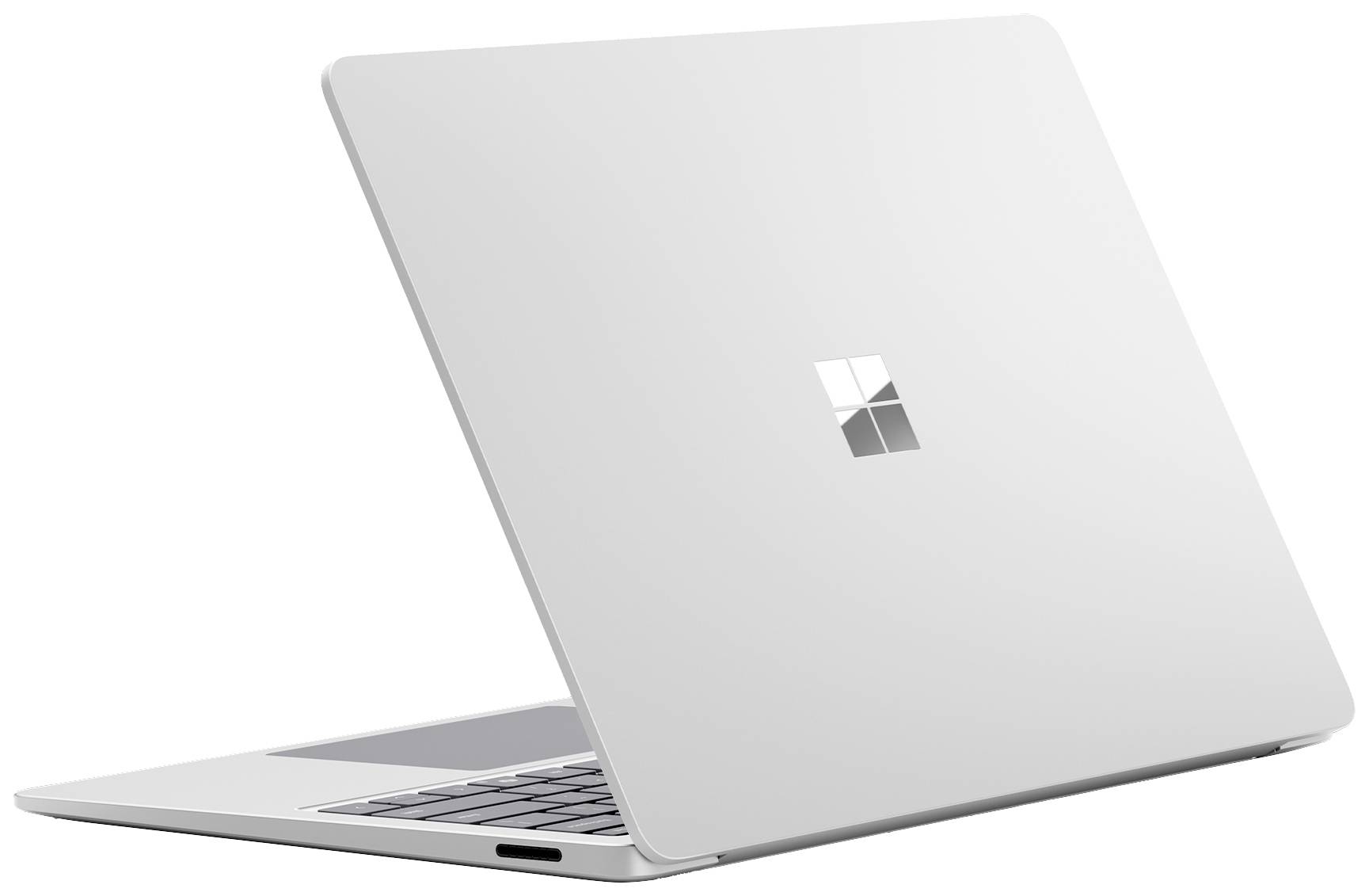 Laptop argentato con coperchio aperto che mostra il logo Microsoft. Progettato per lavorare con stile.