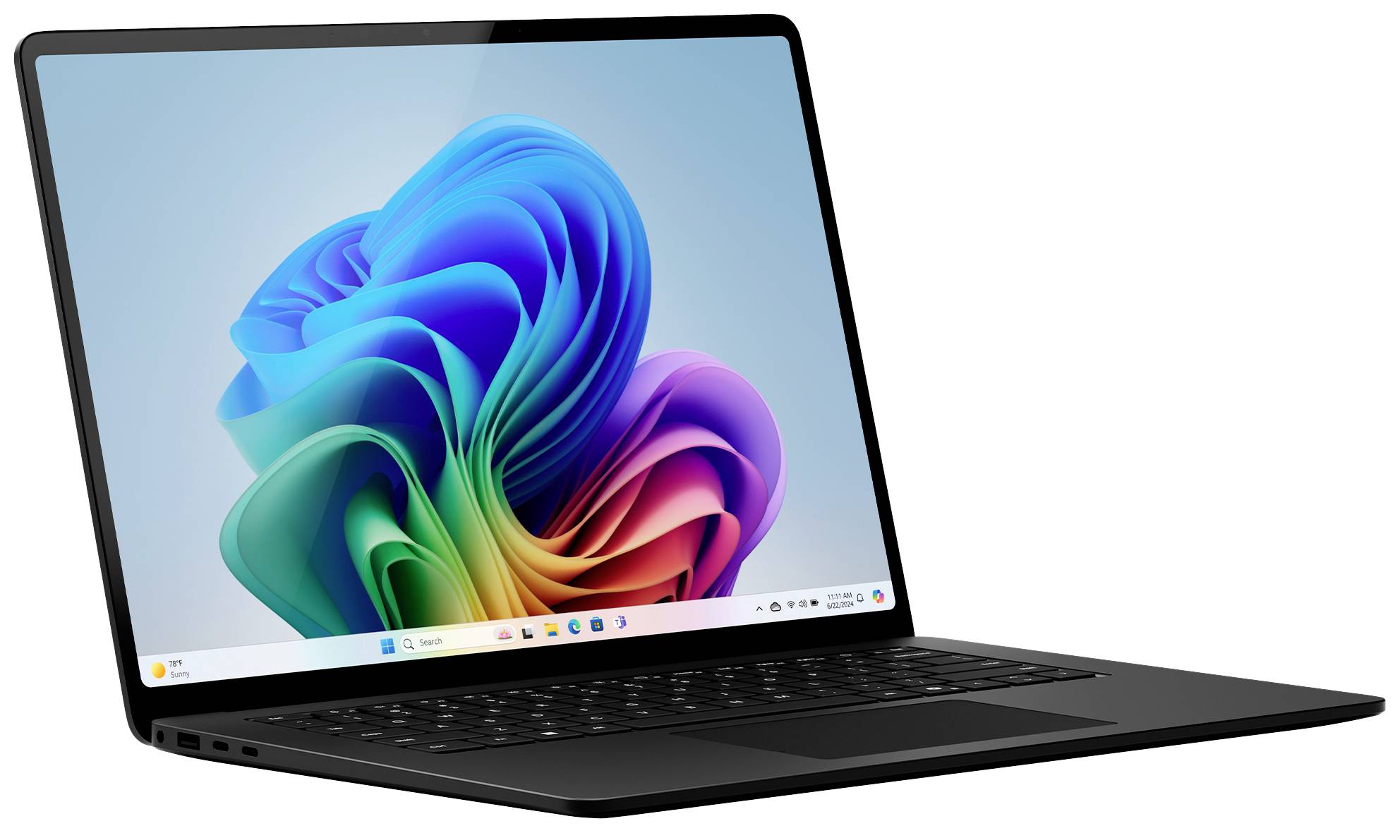 Un laptop nero con la pagina iniziale aperta mostra un motivo grafico astratto e colorato sullo schermo.