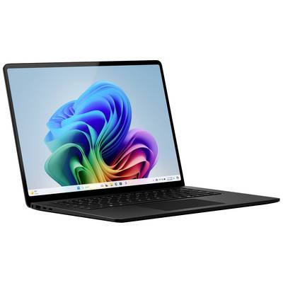 Un laptop nero con la pagina iniziale aperta mostra un motivo grafico astratto e colorato sullo schermo.