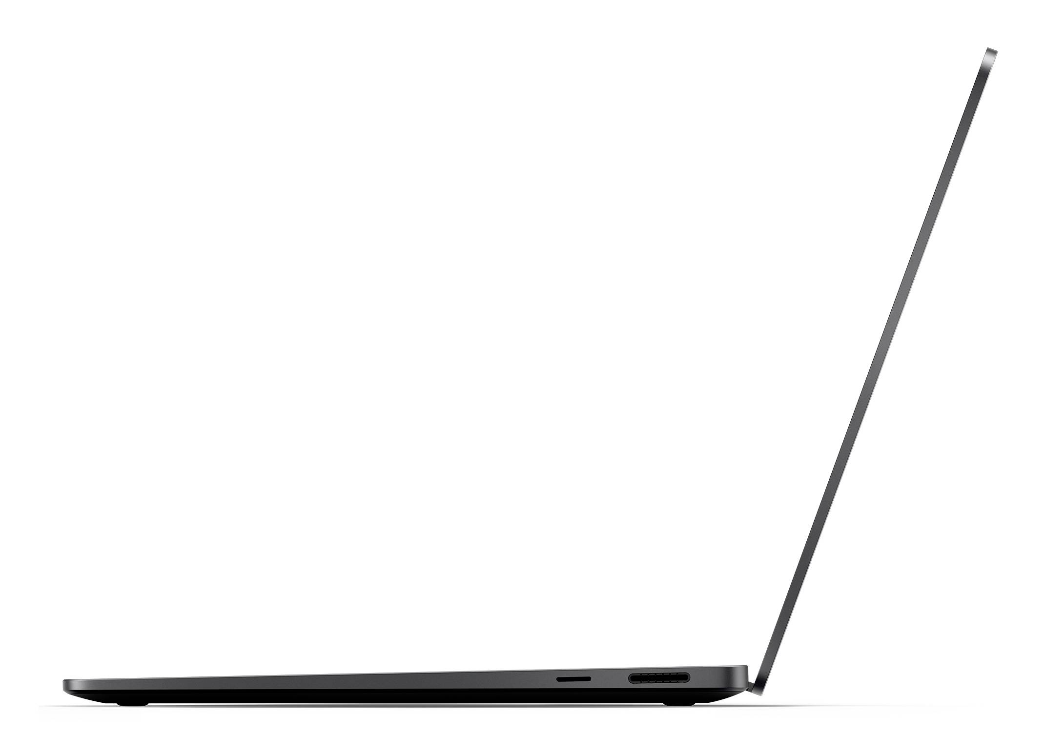 Un laptop sottile mostrato di lato con lo schermo aperto. Il design appare moderno e minimalista.