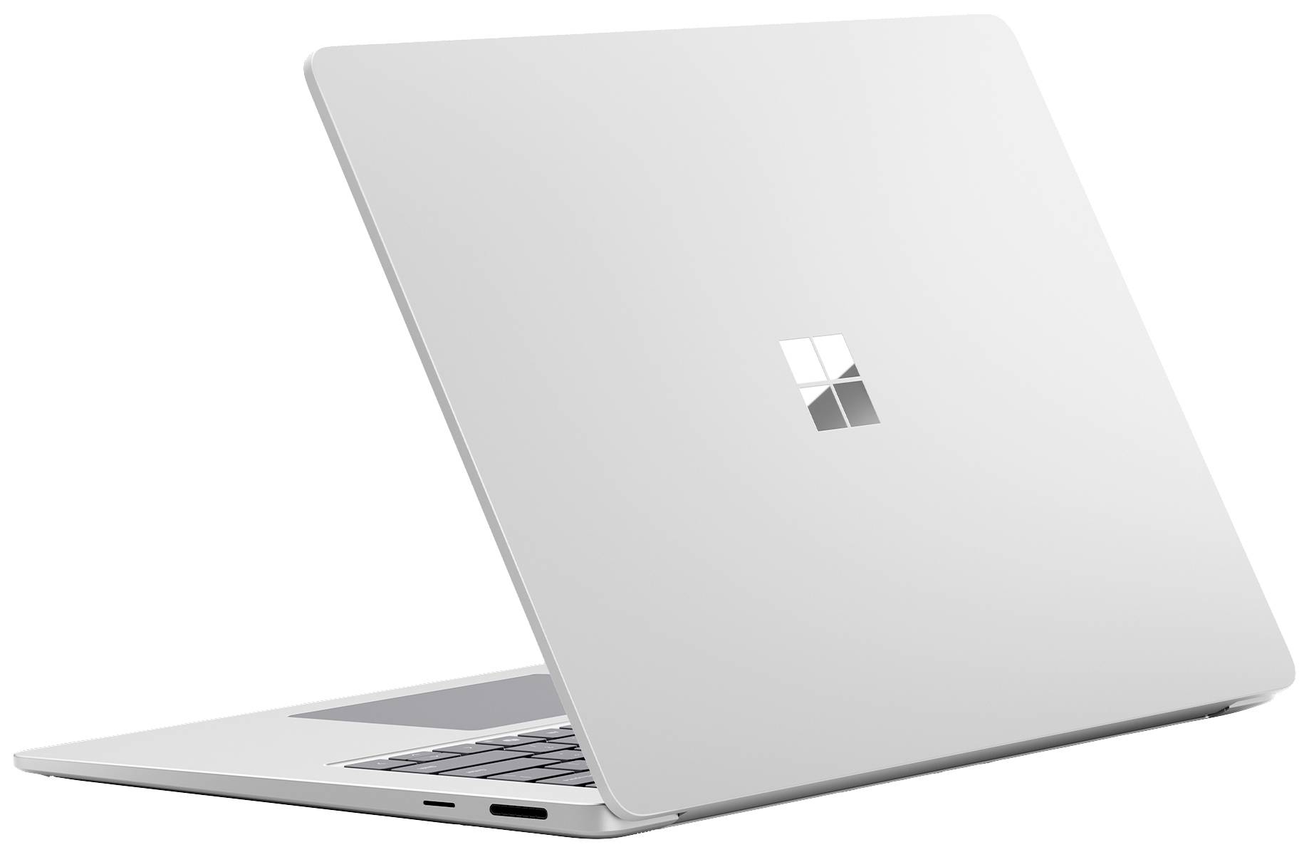 Un laptop grigio visto da dietro, parzialmente aperto. Logo del marchio visibile. Design essenziale, tecnologia moderna.