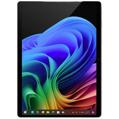 Un tablet con uno sfondo dello schermo colorato e ondulato. Nella parte inferiore sono visibili le icone della barra delle applicazioni di Windows, tra cui il menu Start e l'ora.
