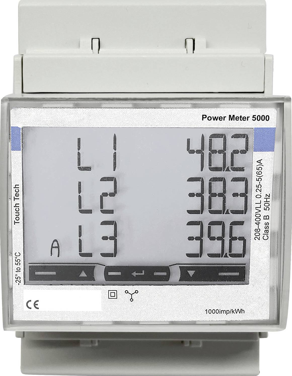 Contatore di energia elettrica con display per 'L1', 'L2' e 'L3' con valori 482, 382, 396. Etichettato come 'Power Meter 5000', 220-400V con ulteriori dettagli tecnici.