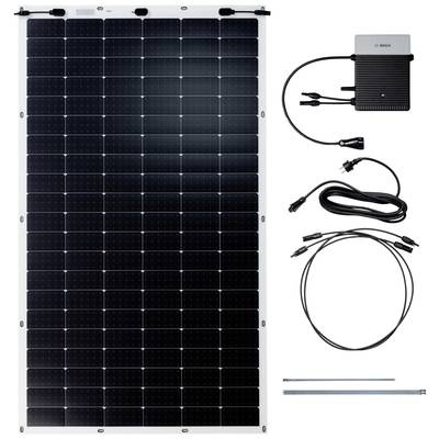 Set di modulo solare con pannello solare, microinverter e cavi di connessione, idoneo per la produzione di energia solare.