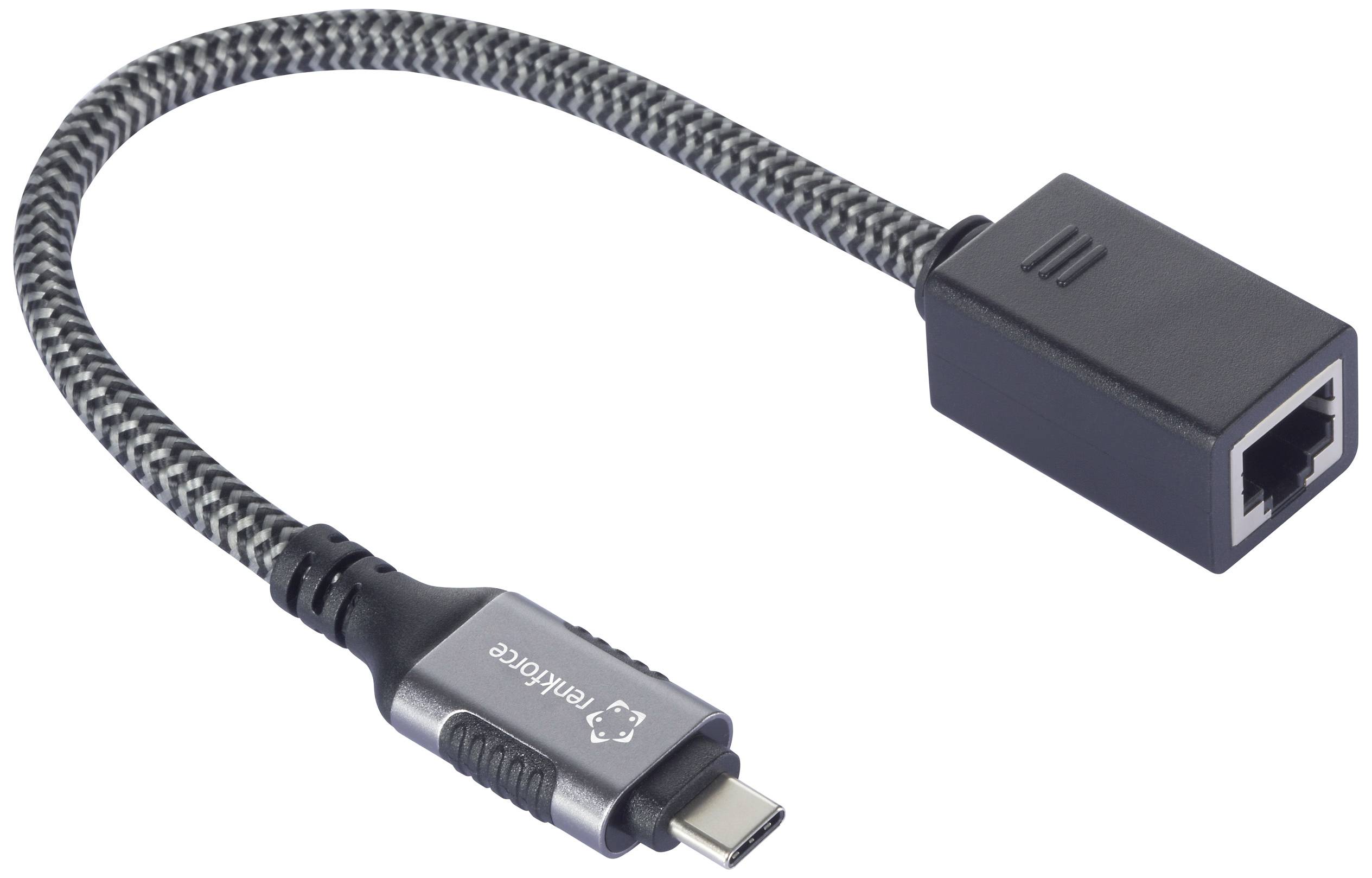 'Adattatore da USB-C a Ethernet con cavo intrecciato, adatto per connessioni di rete su dispositivi con interfaccia USB-C.'
