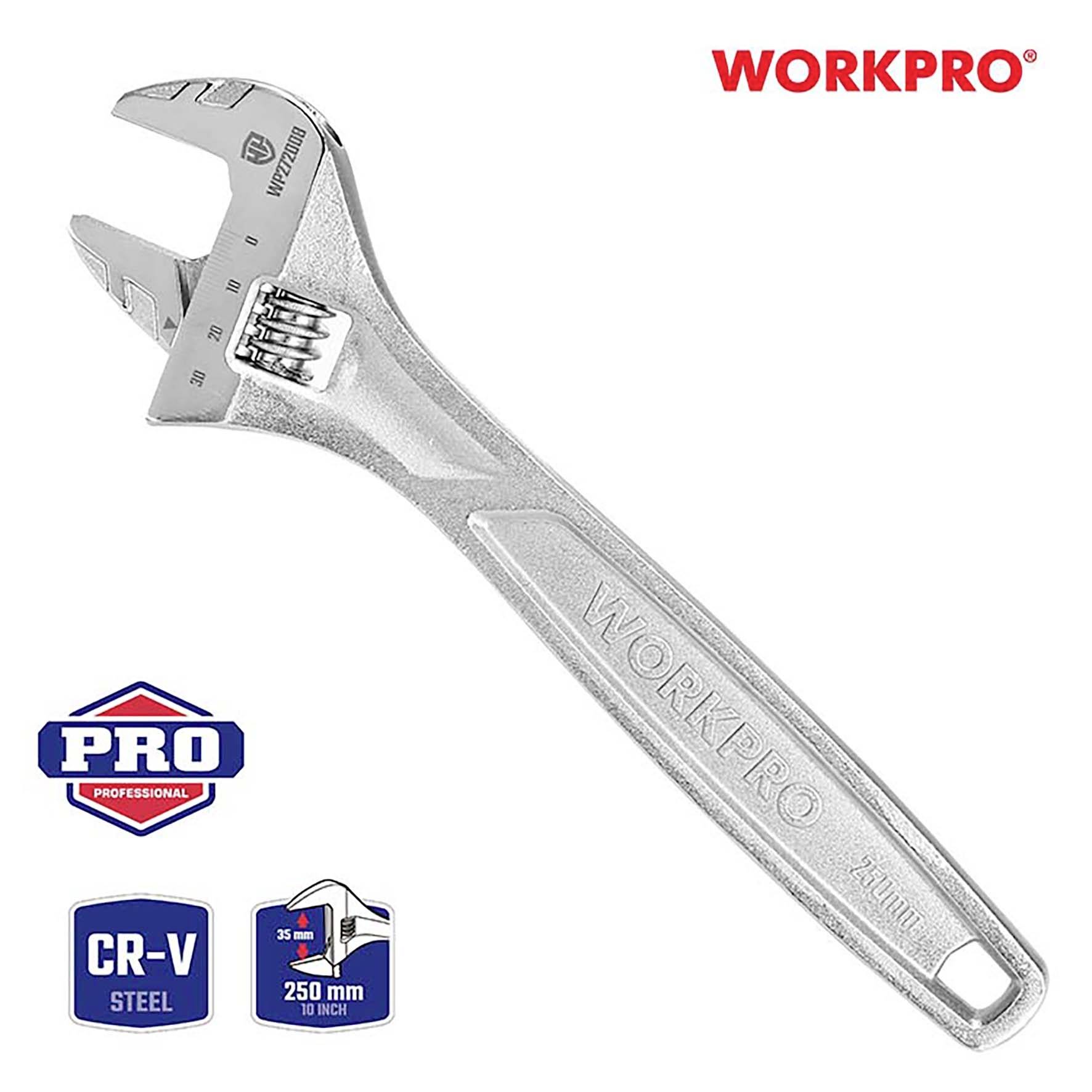 Una chiave inglese regolabile in acciaio, lunga 250 mm, con logo del marchio 'WORKPRO' e specifiche relative al materiale e alle dimensioni.