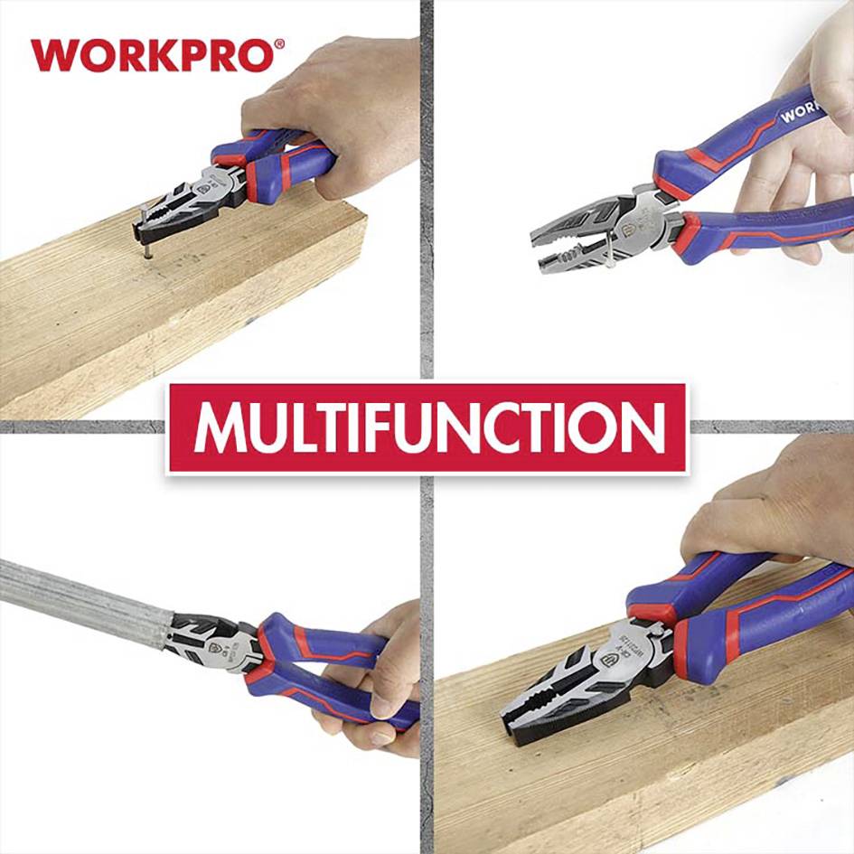 Mostra una pinza multiuso in azione: taglio di fili, estrazione di chiodi e presa di legno. Nome del marchio 'Workpro' visibile.