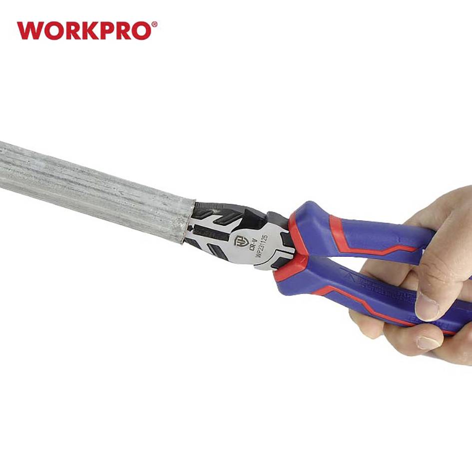 Un grande chiave inglese fissa un tubo metallico. Una mano tiene l'impugnatura con gomma blu-rossa. In alto c'è scritto 'WORKPRO'.