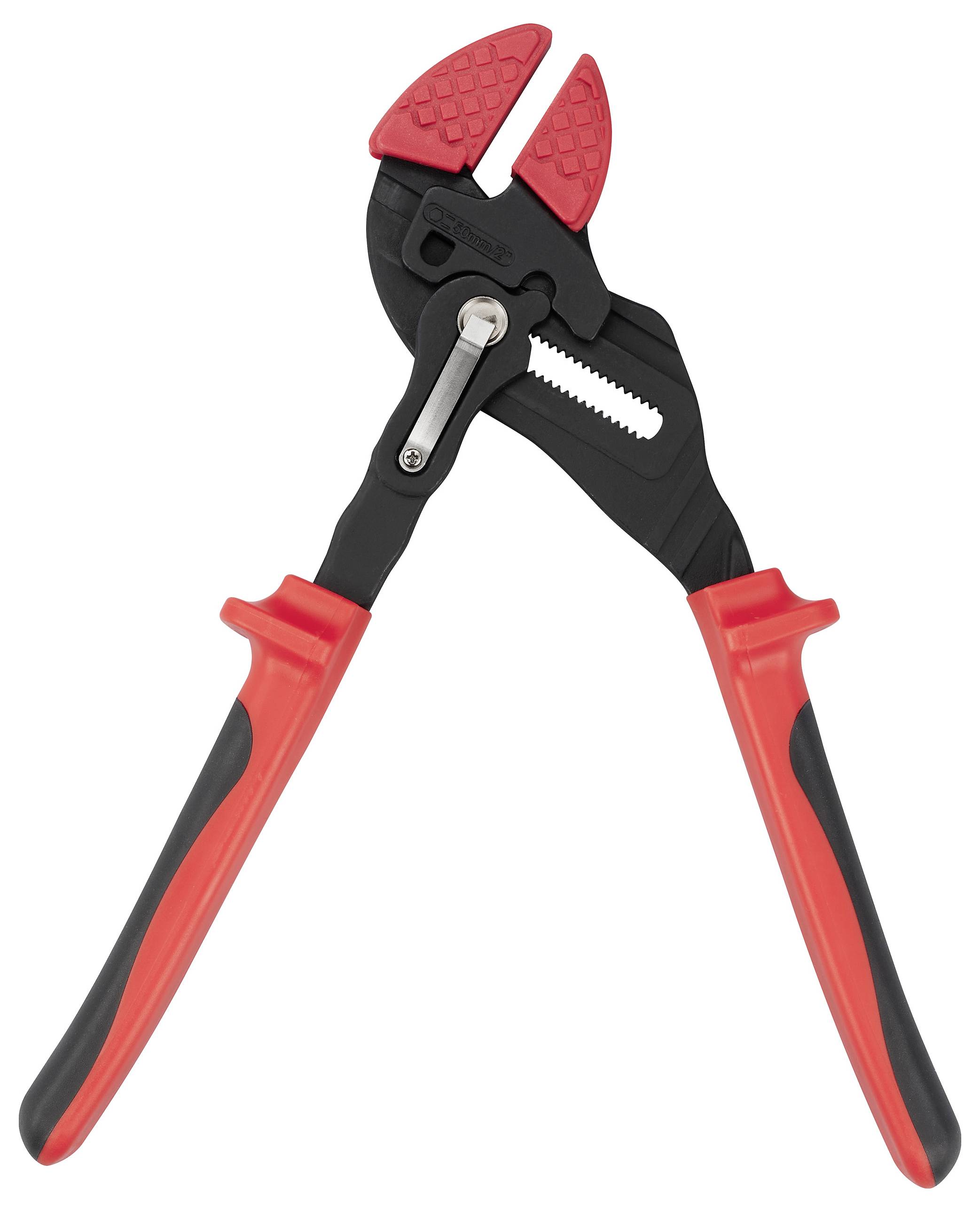 Pinza regolabile rosso-nera con testa di presa mobile, adatta per afferrare e trattenere tubi o altri oggetti cilindrici.