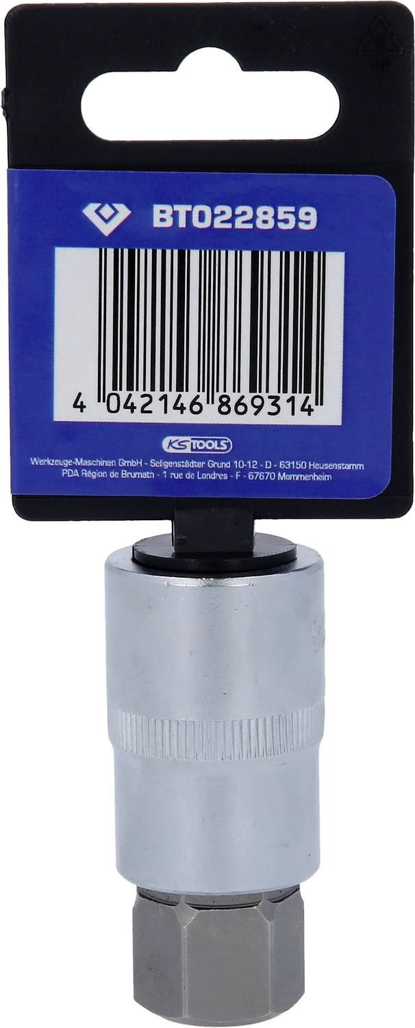 Un pezzo di utensile argentato con un'etichetta blu in alto, che mostra un numero di identificazione 'BT022859' e un codice a barre.