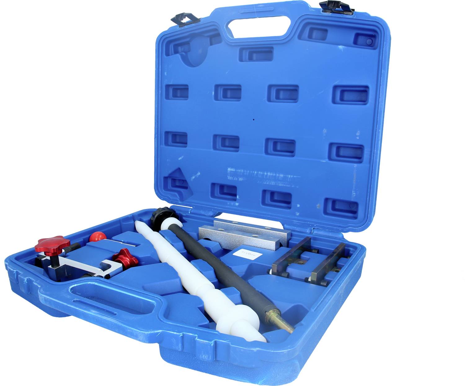 Valigetta degli attrezzi blu con coperchio aperto, che mostra vari utensili specializzati, tra cui punte e strumenti di misurazione, disposti in scomparti ordinati.
