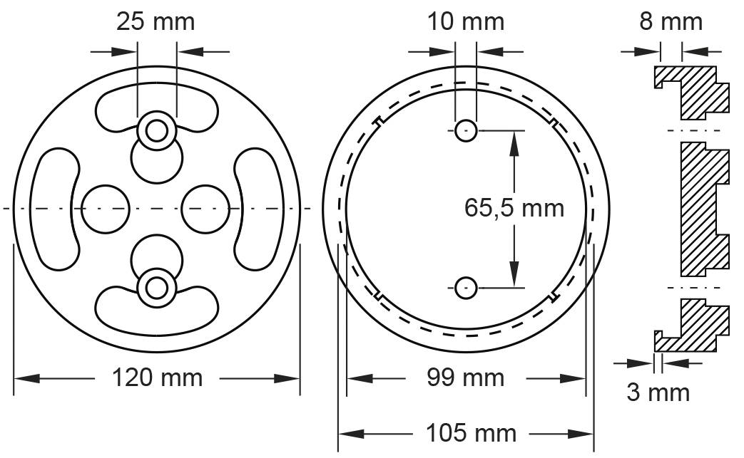 Disegno tecnico di un componente meccanico circolare con le seguenti misure: diametro 120 mm, 99 mm, 105 mm; apertura 65,5 mm; spessore 8 mm, 3 mm.