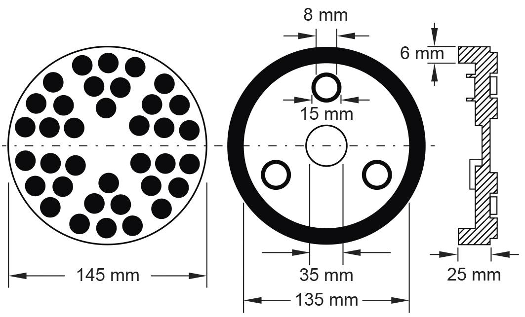 Disegno tecnico di un oggetto circolare con diametro di 145 mm. Mostra fori da 35 mm e 15 mm, nonché una vista in sezione laterale.