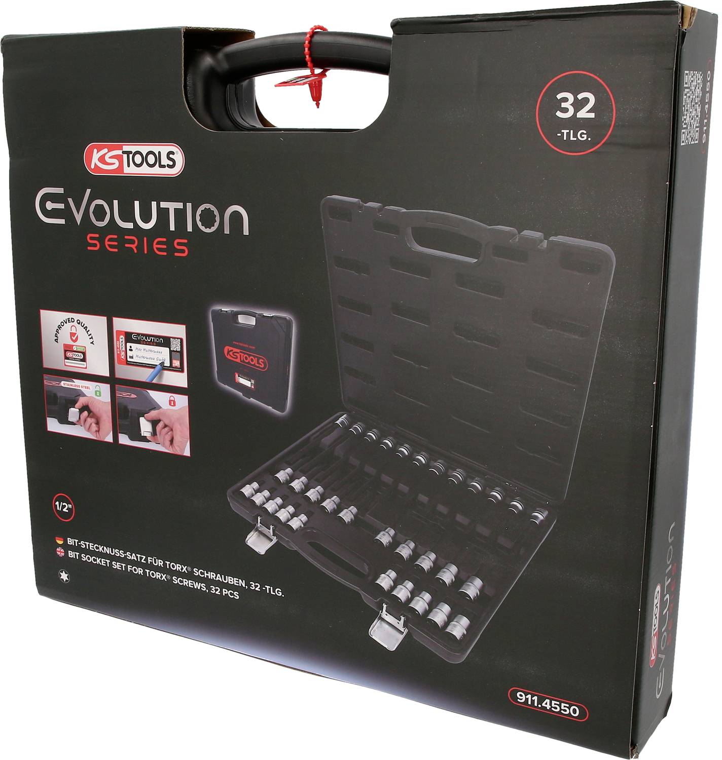 'KS Tools Evolution Series' Valigetta degli attrezzi con set da 32 pezzi, comparto principale aperto, chiavi Torx e chiavi a brugola, scatola nera.