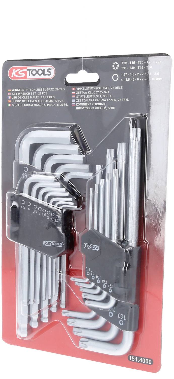 Un set di chiavi esagonali in diverse misure su una scheda di imballaggio rossa di 'KS TOOLS', ideale per lavori artigianali.