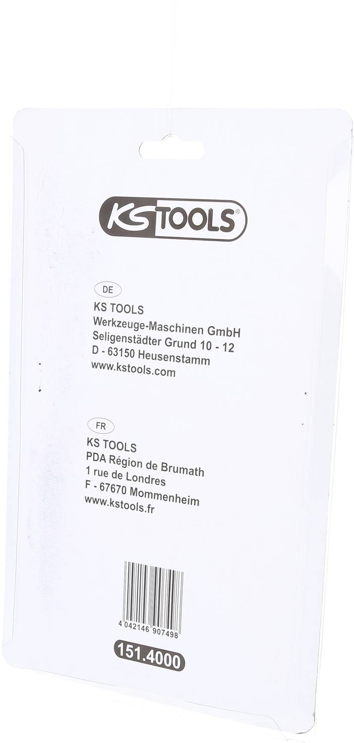 Retro della confezione con logo KS Tools e indirizzi di contatto in Germania e Francia. Numero articolo 151.4000 visibile in basso.