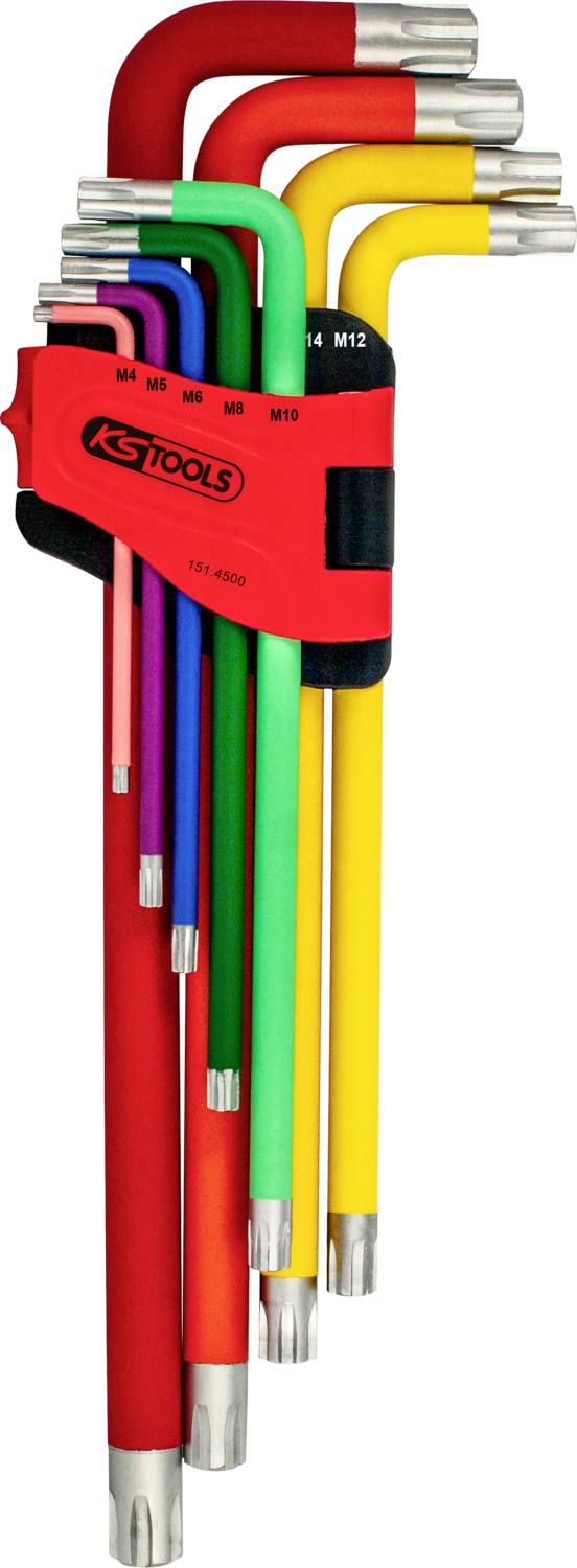 Un set di chiavi a brugola colorate di diverse dimensioni, ordinate dal più piccolo al più grande, in un supporto arancione.