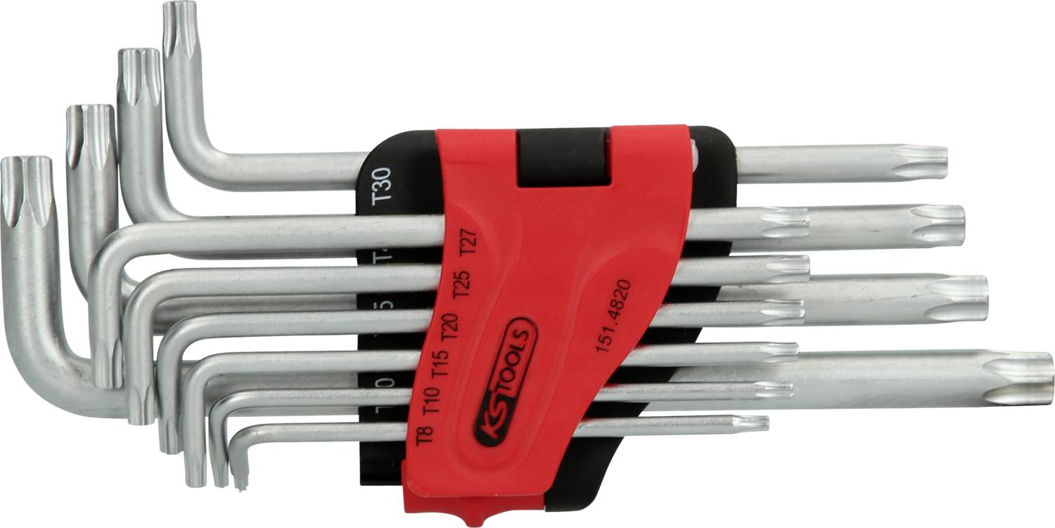 Un set di nove chiavi Torx ad L in un supporto; ogni chiave è contrassegnata con la sua dimensione.
