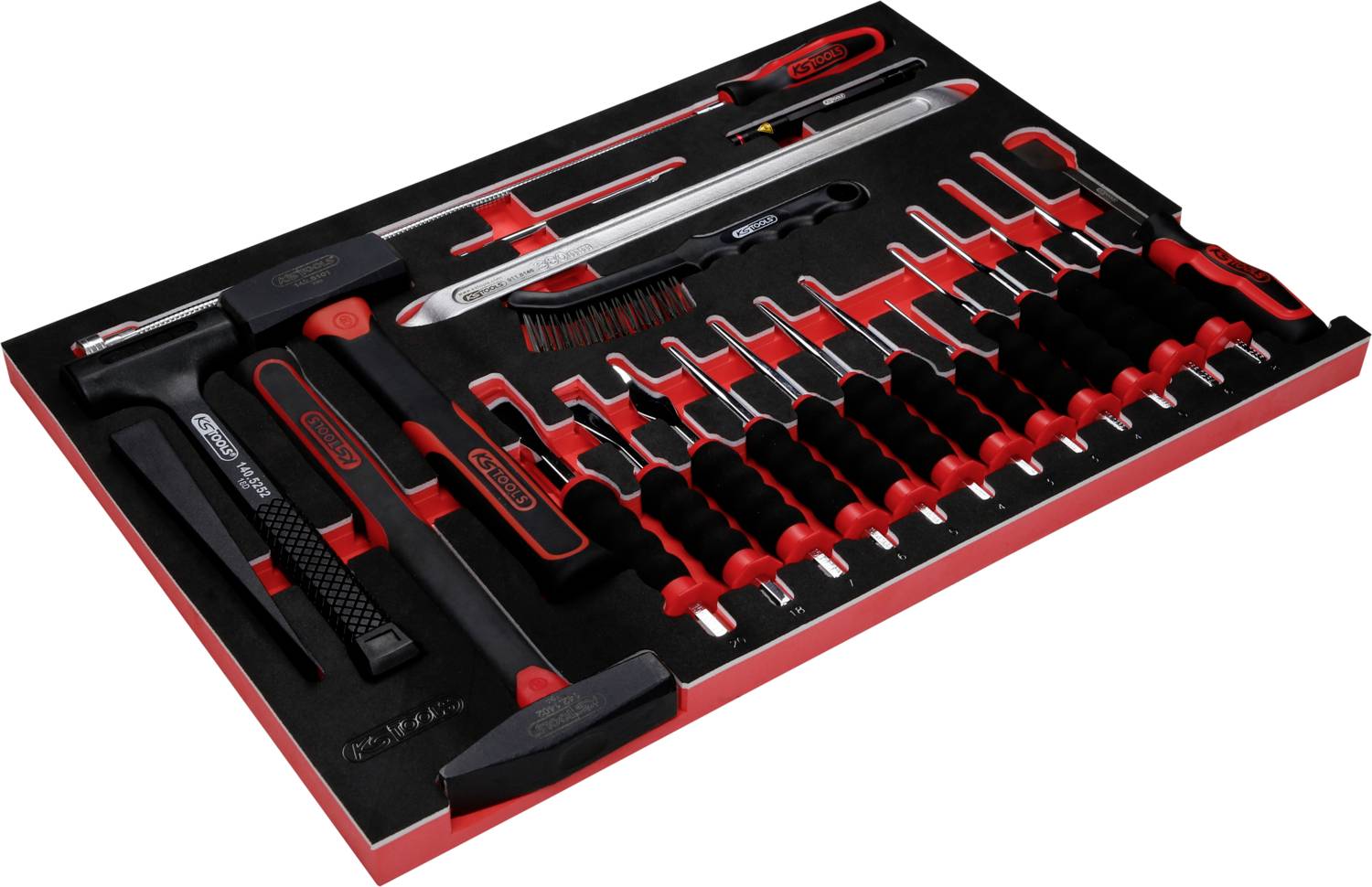 Set di utensili su supporto in plastica rossa. Contiene chiavi inglesi, martello e altri strumenti di varie dimensioni.