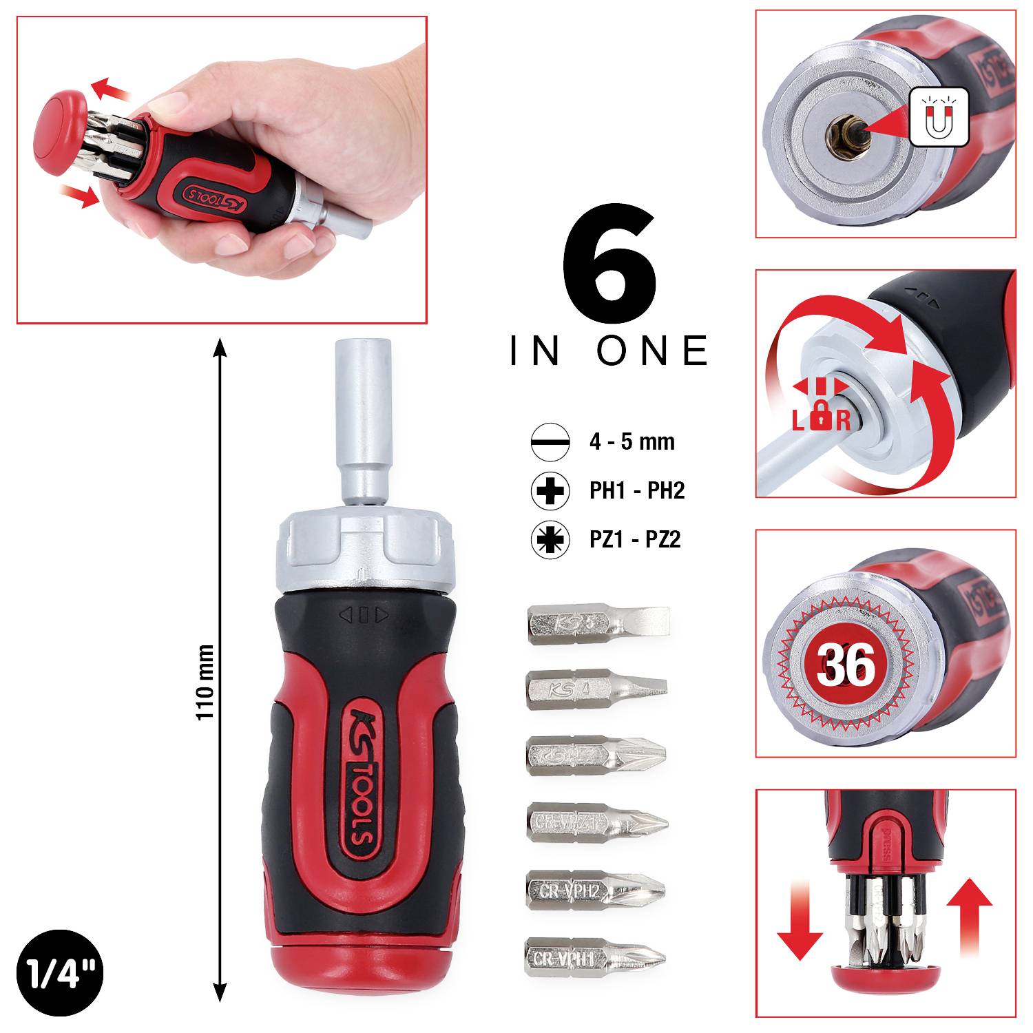 Cacciavite multiuso '6 in 1', con funzione di cambio bit, funzione magnetica e cricchetto da 36 denti con più teste di bit.
