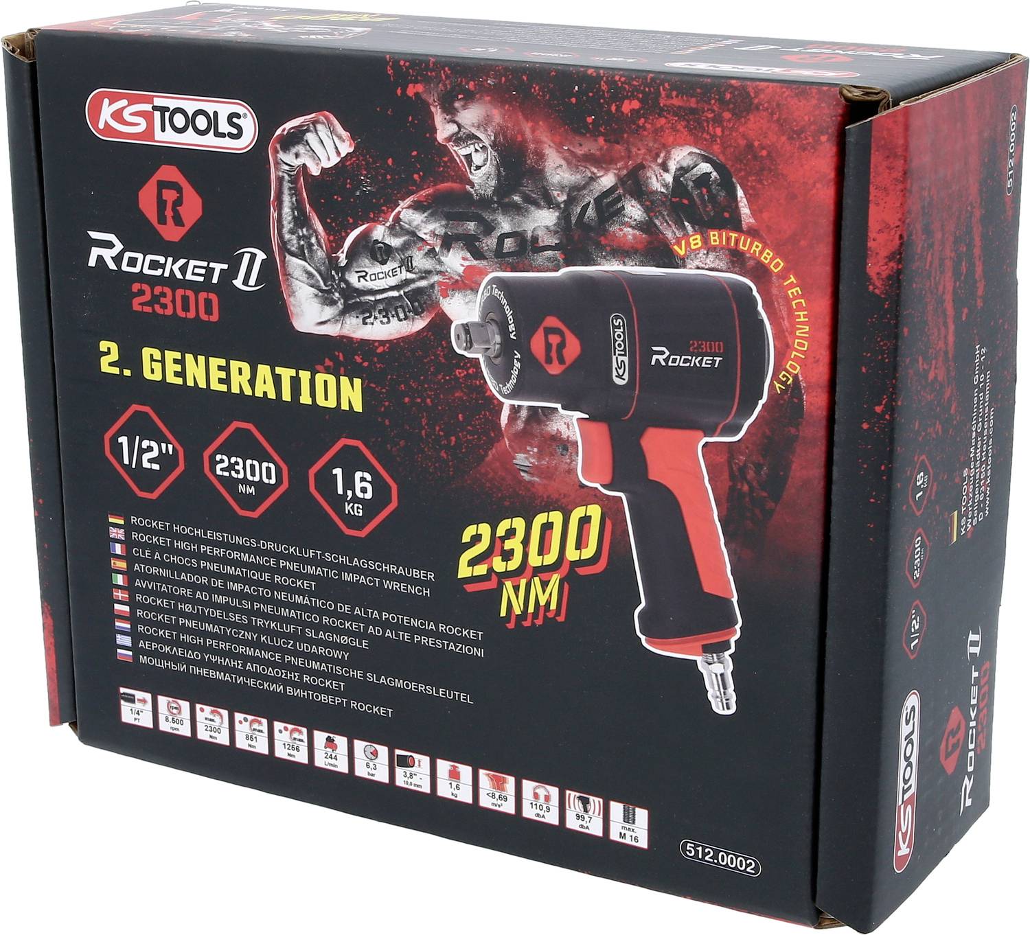 Una confezione rosso-nera mostra un avvitatore a impulsi ad aria compressa con la scritta 'Rocket 2300'. Specifiche importanti: 1/2 pollice, 2300 Nm, 1,6 kg. Logo del marchio in alto a sinistra.