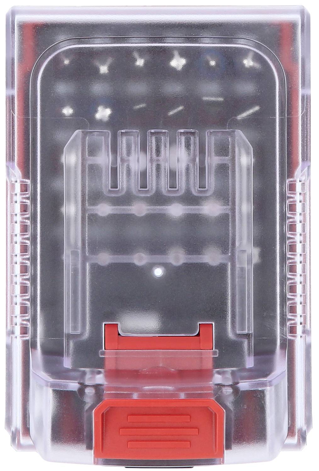 Un porta-fusibili trasparente, rettangolare e moderno con interruttore rosso, adatto per applicazioni elettriche.