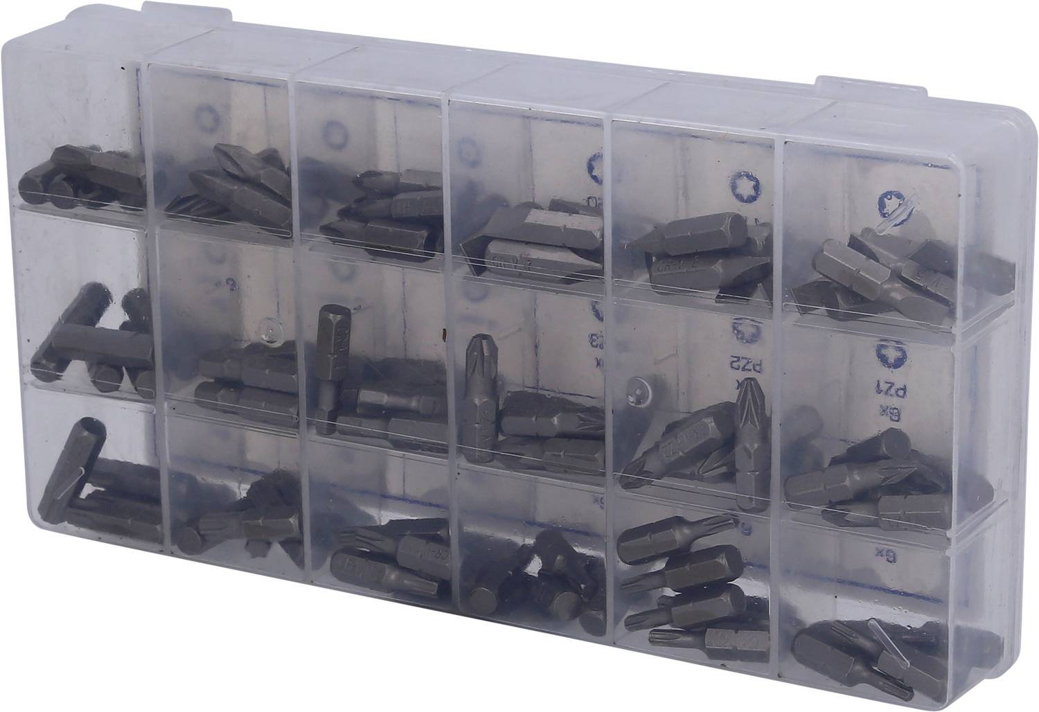 Scatola di plastica con più scomparti, riempita con frammenti metallici di varie dimensioni.