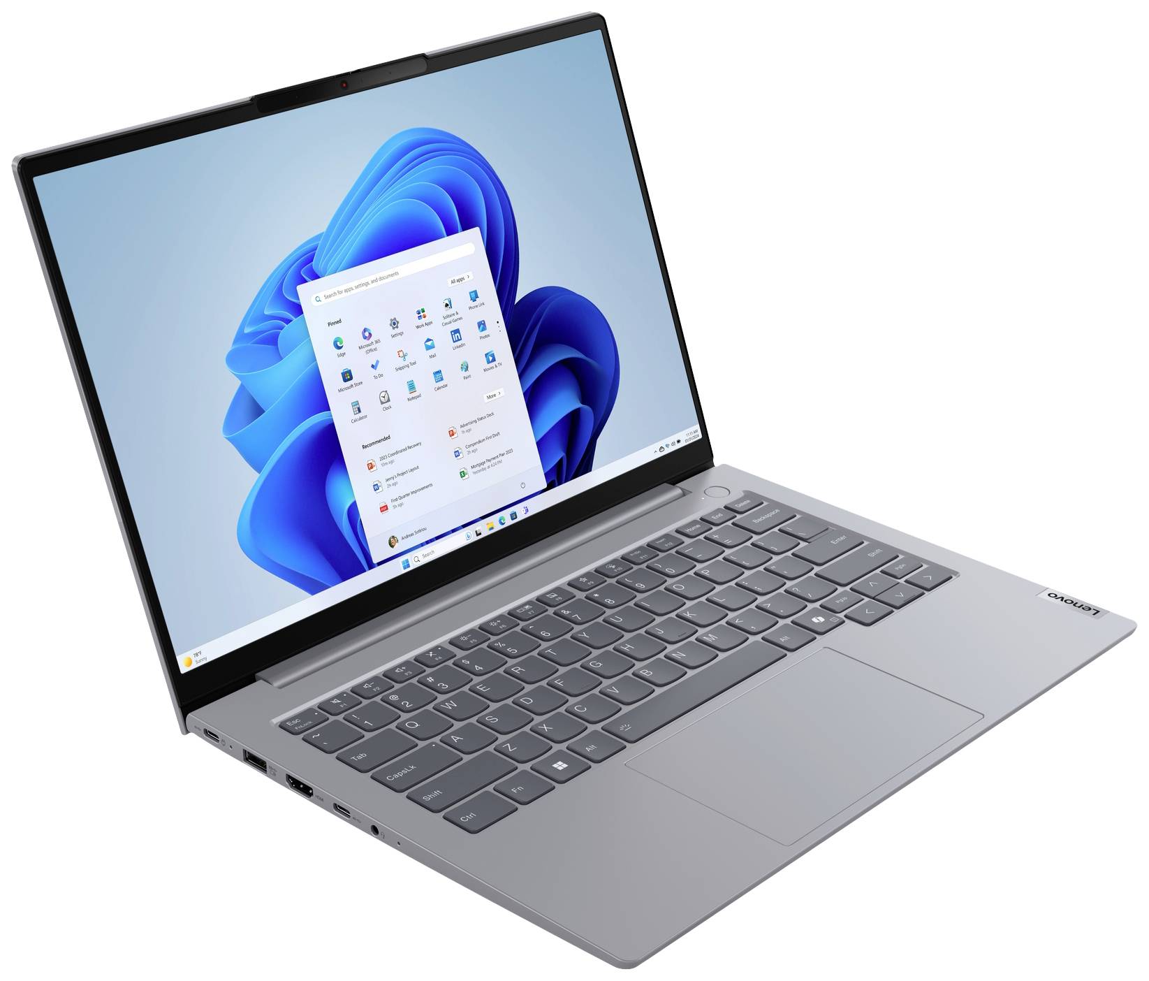 Un laptop aperto con uno schermo che mostra il sistema operativo Windows. La tastiera è posizionata accanto, in un design moderno e sottile.