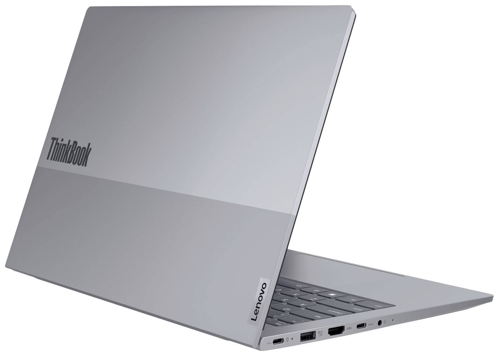 Un laptop Lenovo ThinkBook argento, parzialmente aperto, con porte visibili sul lato sinistro.