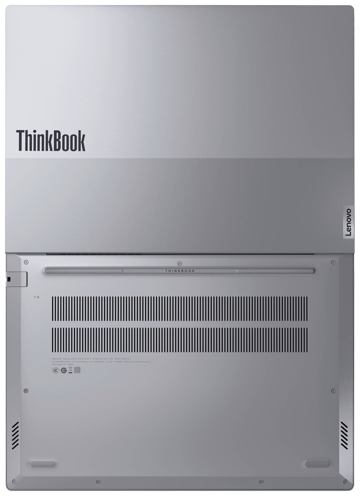 Il lato inferiore di un laptop d'argento con la scritta 'ThinkBook'. Le fessure di ventilazione e i loghi del marchio sono visibili.