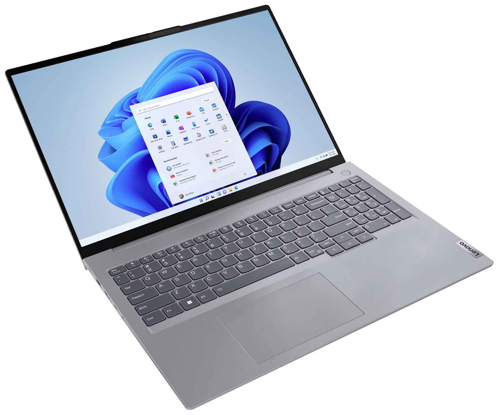 Laptop argentato, schermo che mostra la schermata iniziale di Windows 11, con icone del desktop visibili.