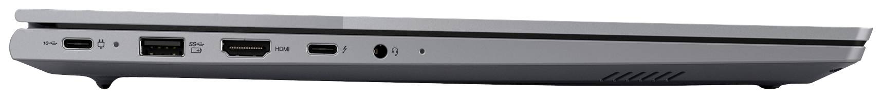 Laptop argentato visto di lato con diverse porte di connettività come porte USB, HDMI e jack per cuffie.