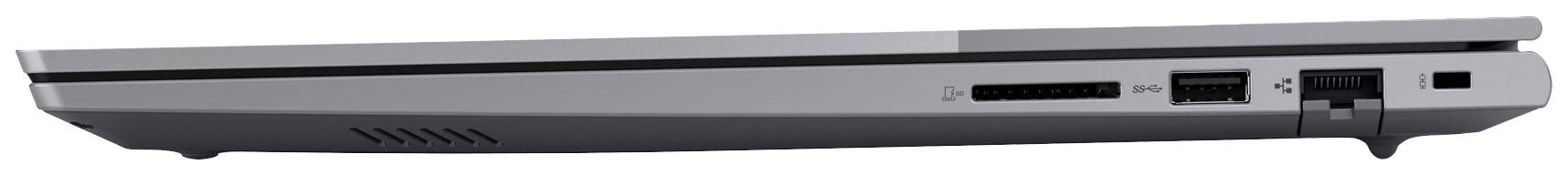 Un laptop argentato chiuso, ripreso di lato, con le porte di connessione visibili sul lato destro.