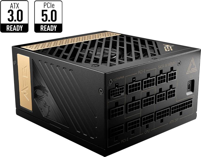 Alimentatore nero con più porte, contrassegnato come 'ATX 3.0 READY' e 'PCIe 5.0 READY'.
