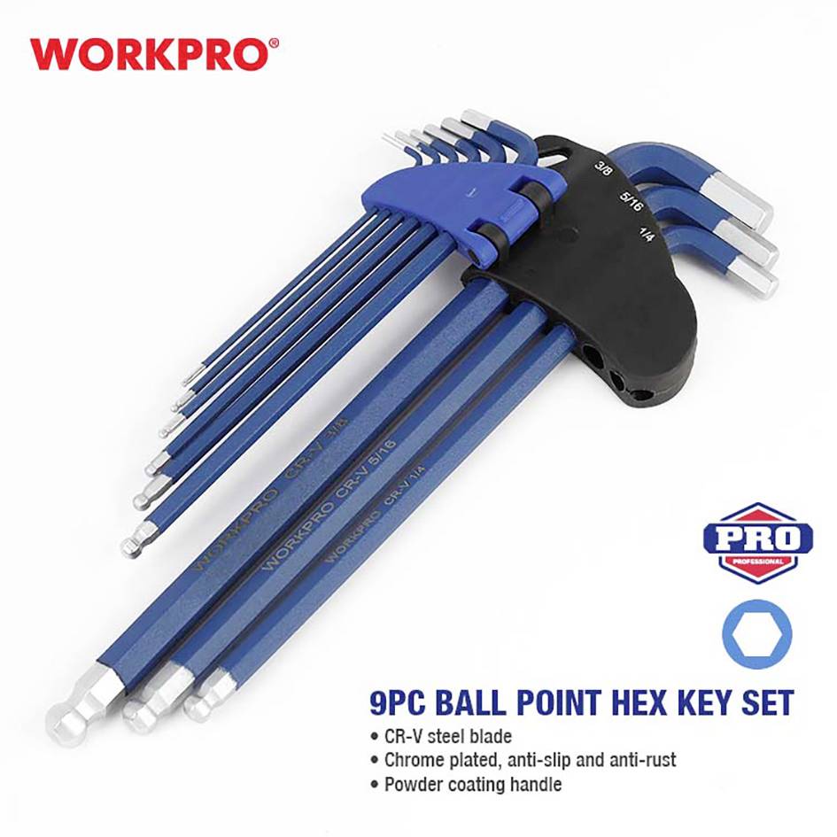 Set di chiavi a brugola con testa sferica WORKPRO 9 pezzi, in acciaio CrV, cromato, rivestito in blu. Include misure da 1,5 a 10 mm.