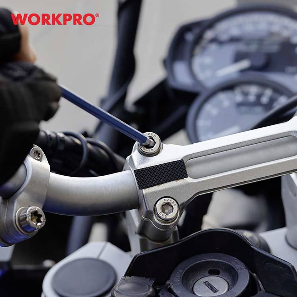 Guida motociclistica riparata con chiave esagonale; nome del marchio 'WORKPRO' in alto a sinistra. Indicatore di velocità sullo sfondo.