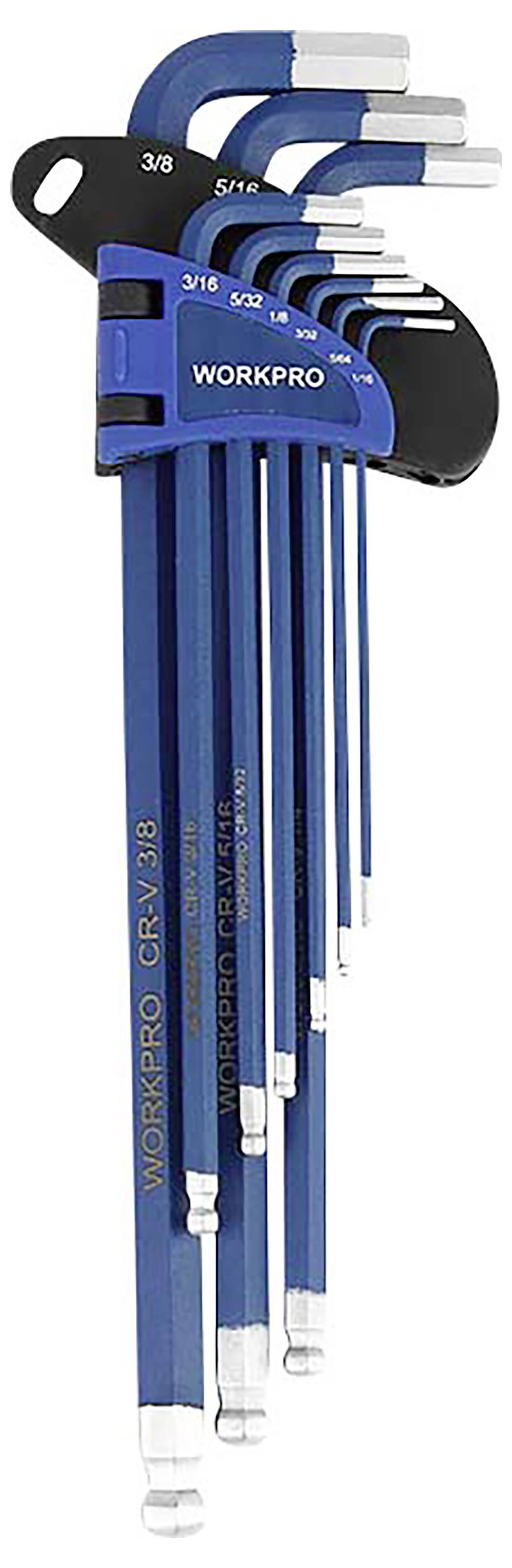Una serie di sette chiavi inglesi blu di dimensioni diverse, disposte in fila e parzialmente incastrate una nell'altra, con il marchio 'WORKPRO'.
