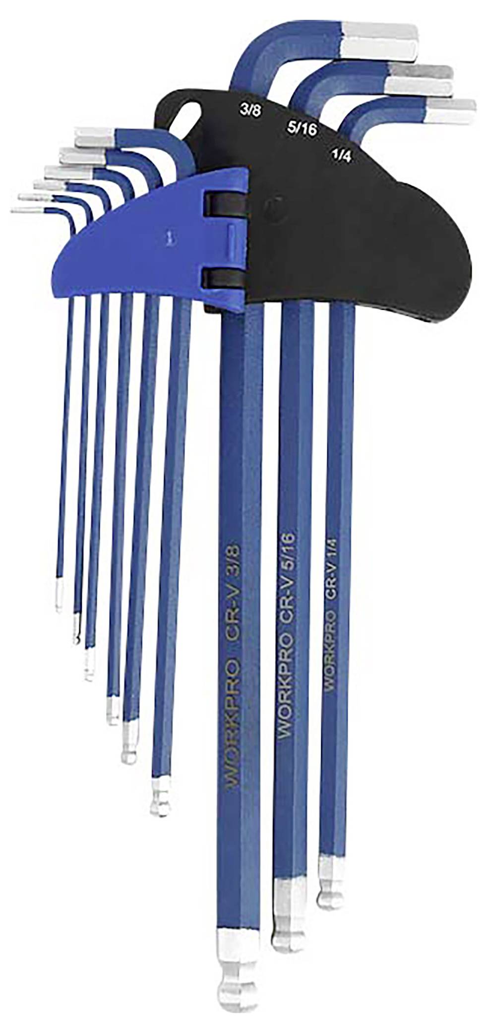 Un set di chiavi a brugola blu di diverse dimensioni, fissate a un supporto nero.