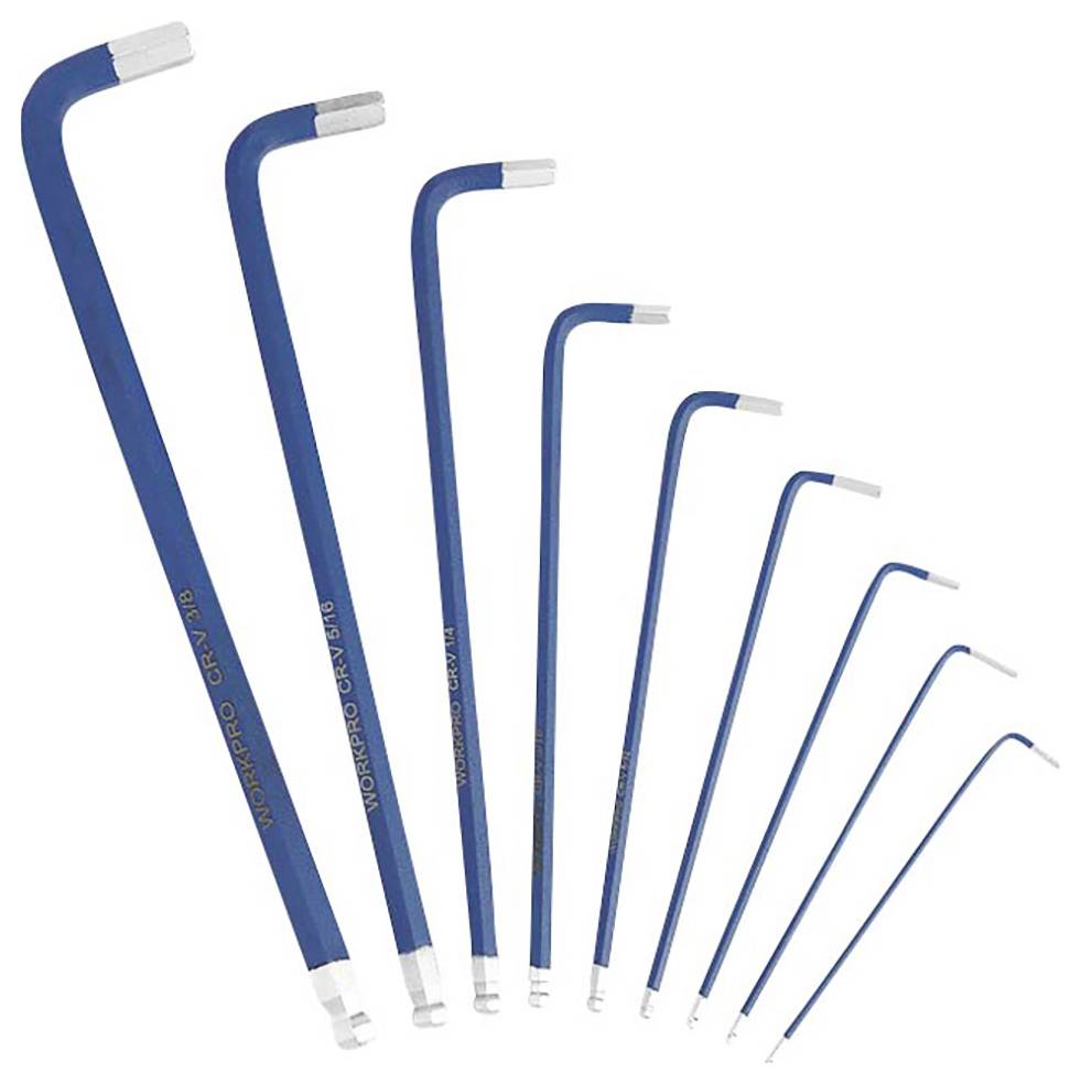 Nove chiavi inglesi blu di diverse dimensioni, disposte in ordine crescente dalla più piccola alla più grande.