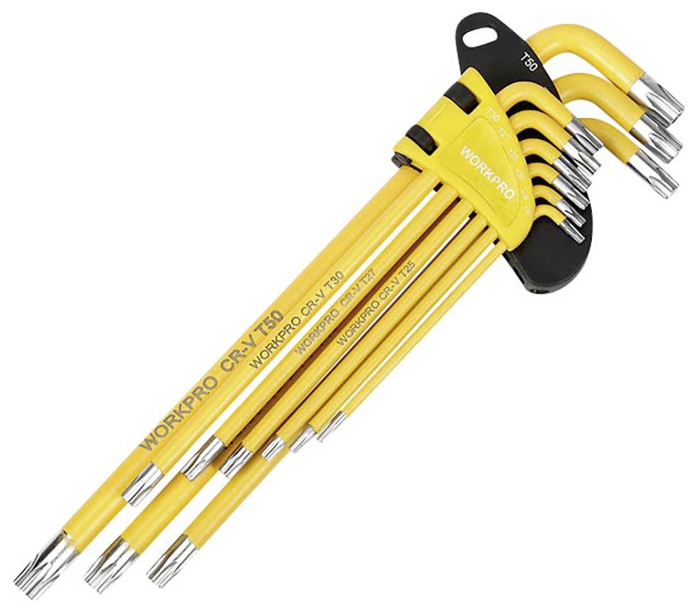 Un set di chiavi a brugola gialle con la scritta 'WORKPRO CR-V T30'. Le chiavi hanno dimensioni diverse e un supporto.