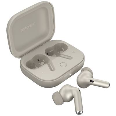 Due auricolari wireless beige accanto a un apposito case di ricarica. Il case è aperto e contrassegnato con il marchio 'motorola'.