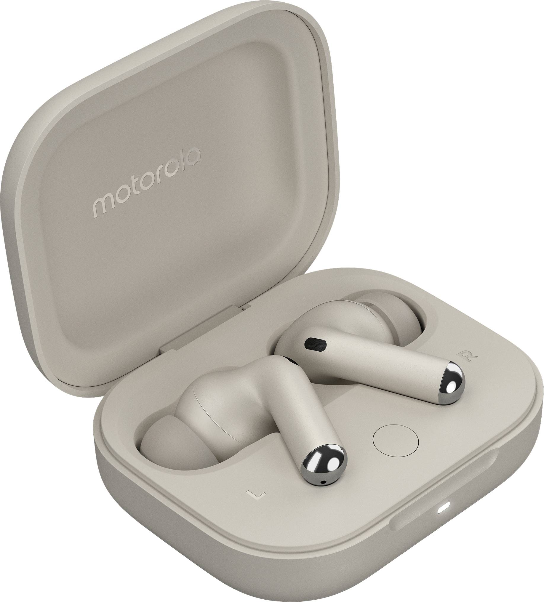 Cuffie in-ear wireless in un case di ricarica aperto con il logo 'motorola'. Le cuffie sono posizionate sul lato sinistro e destro del case.