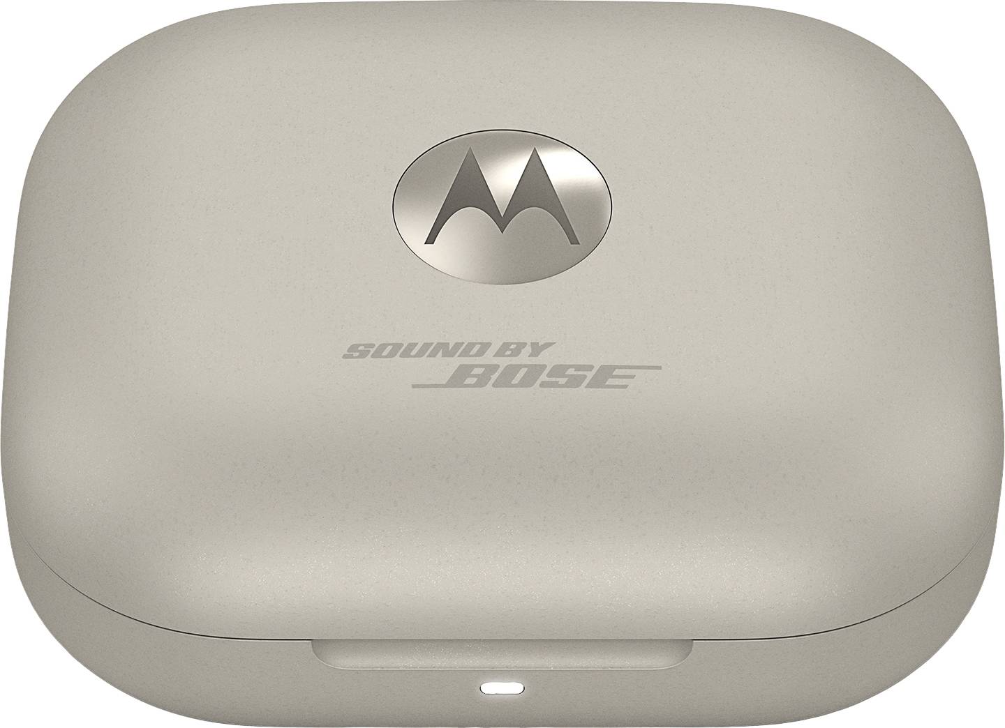 Custodia di ricarica per cuffie con logo Motorola e scritta 'Sound by Bose' sulla parte superiore, vista chiusa.