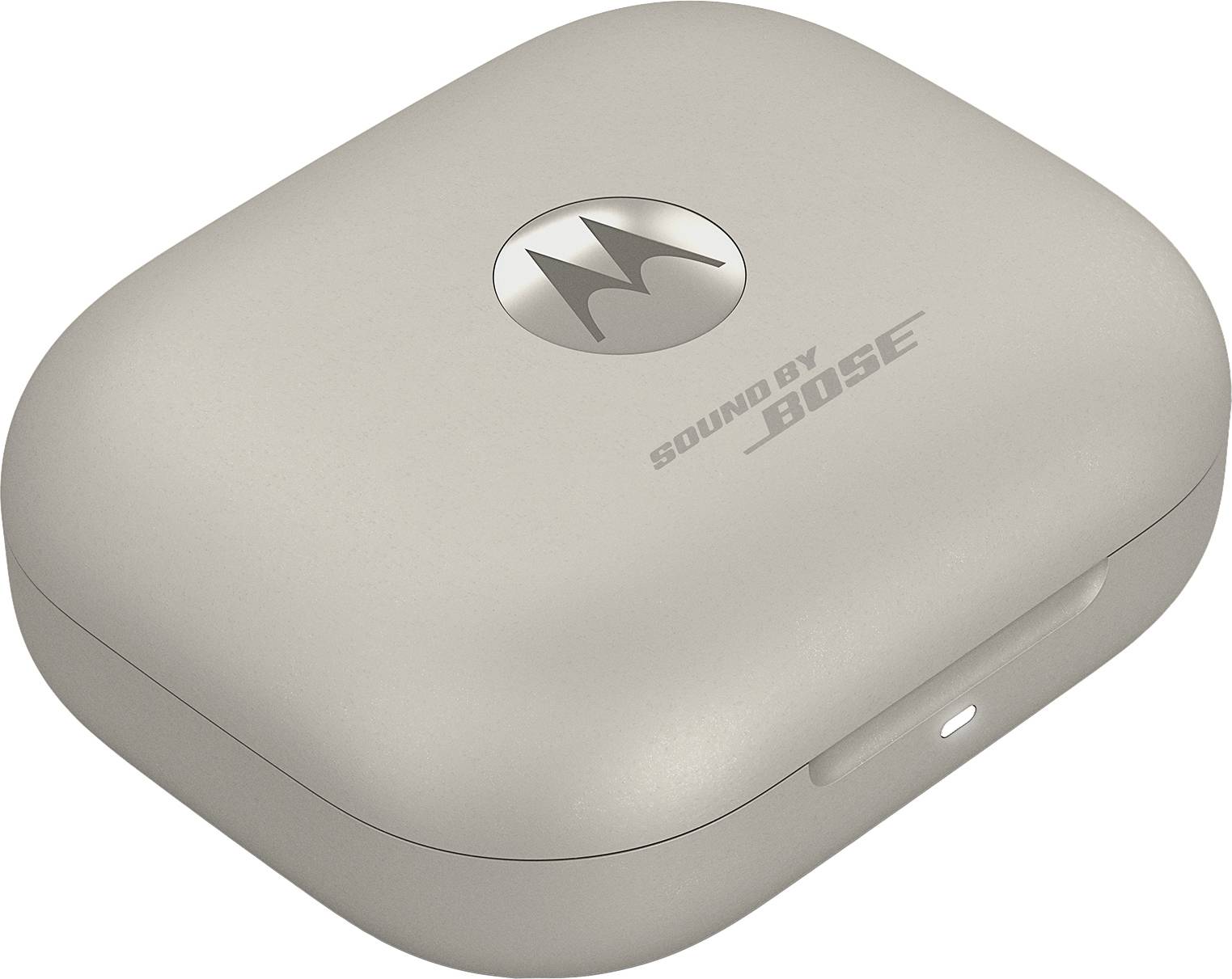 Custodia di carica grigio chiaro, rettangolare con angoli arrotondati, con la scritta 'Sound by Bose' e un piccolo logo Motorola in alto.