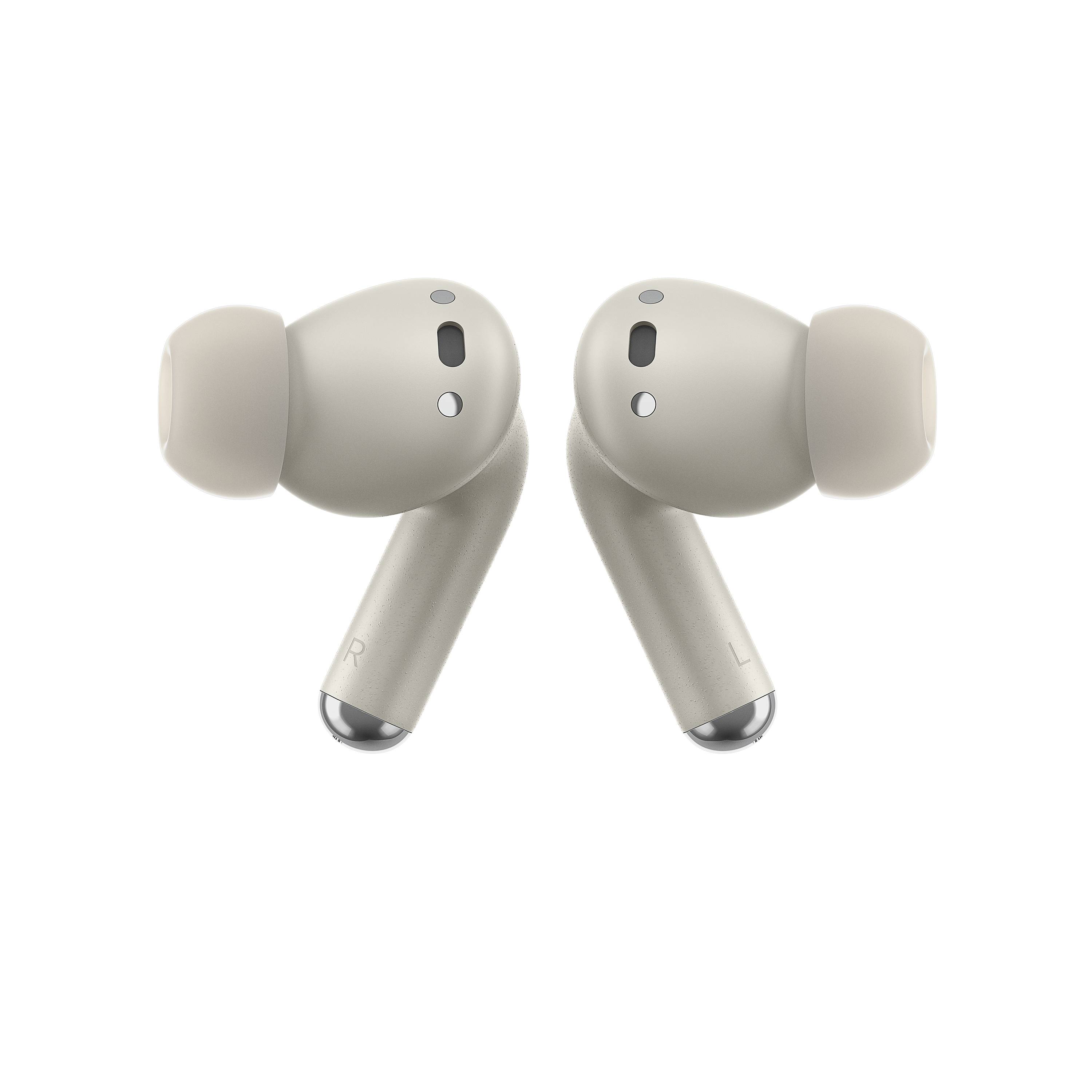 Auricolari wireless bianchi con design in-ear e corti steli, contrassegnati a sinistra e a destra, su sfondo bianco.