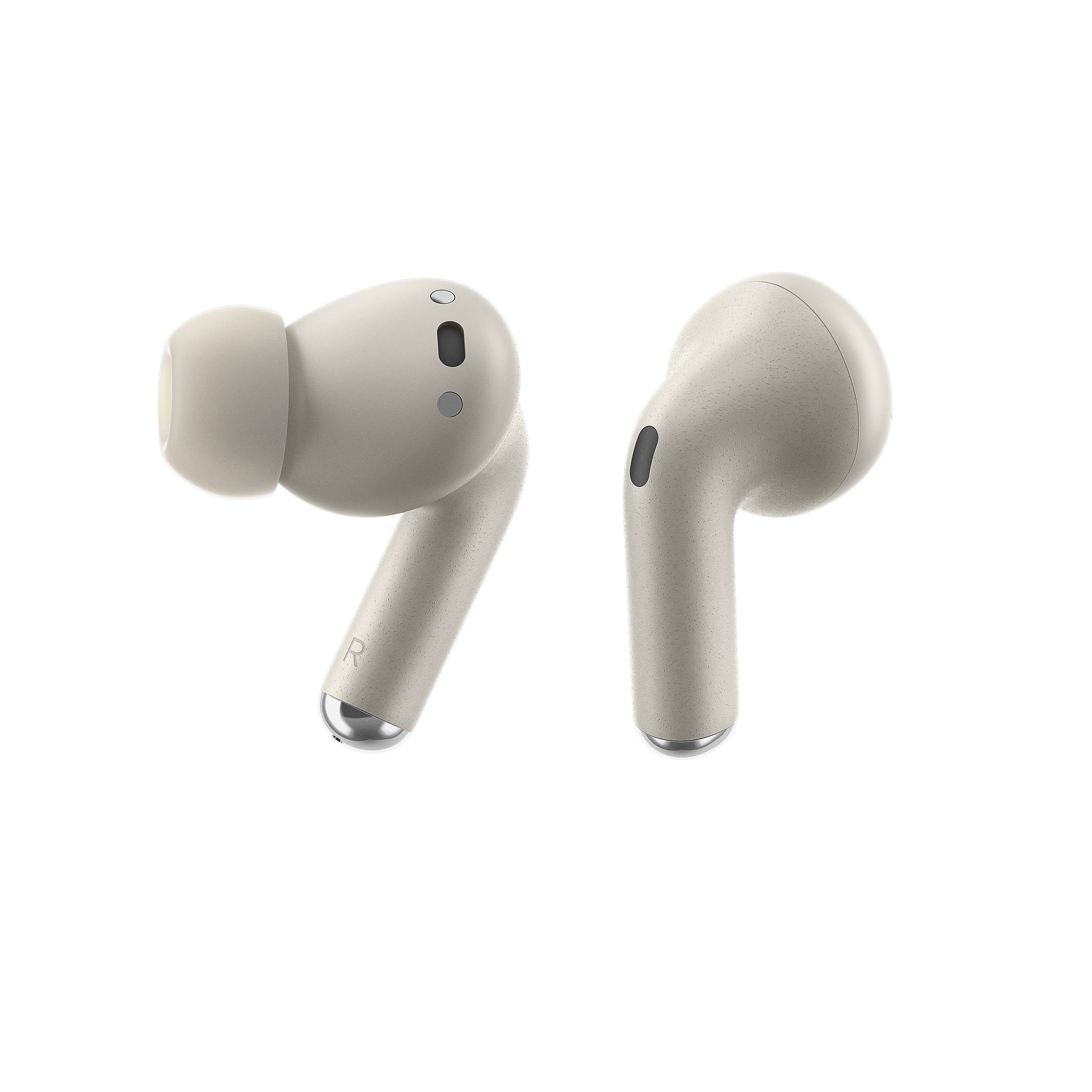 Due auricolari wireless in grigio chiaro. Hanno una superficie liscia e una forma ovale con piccoli ingressi per microfoni.