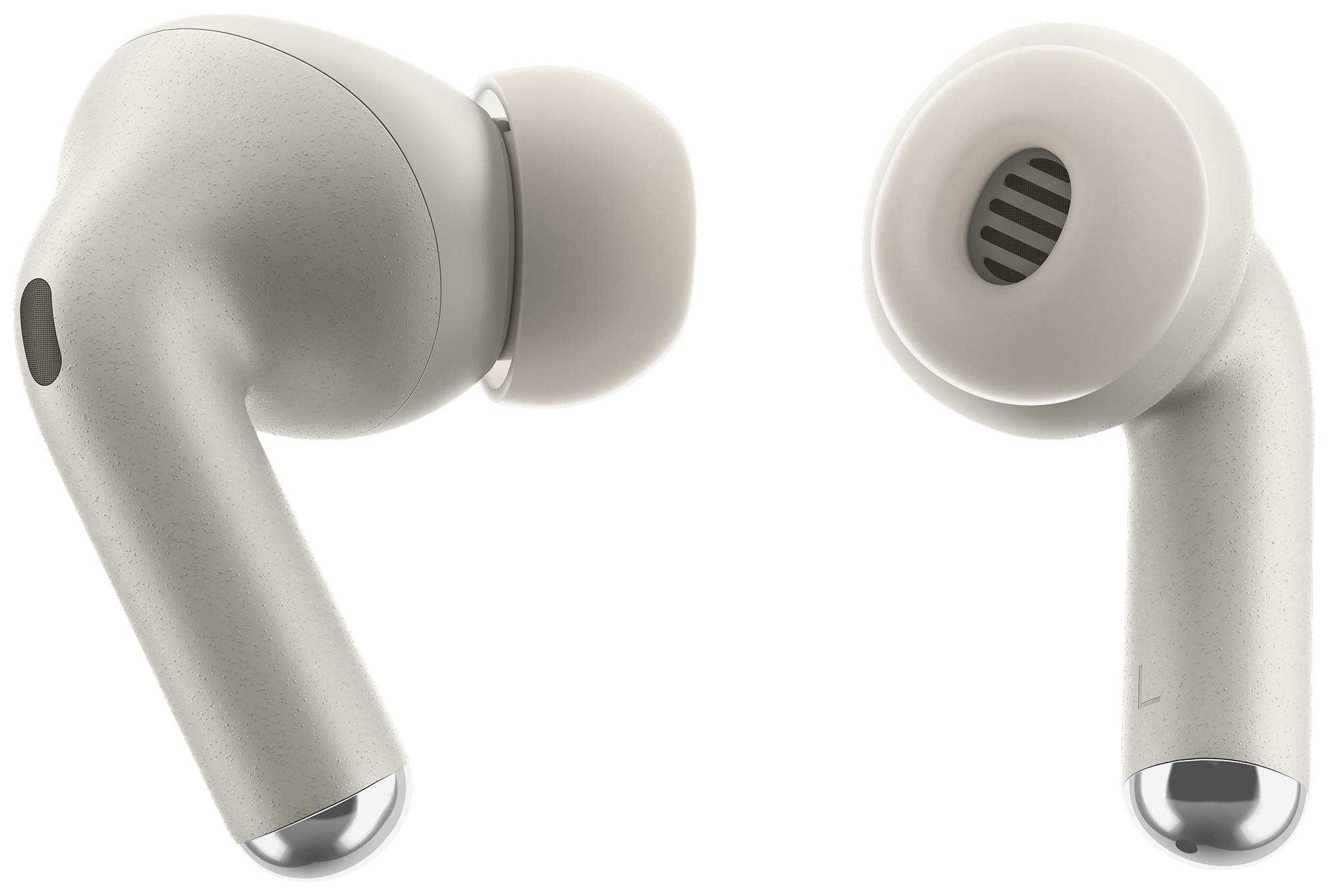 Auricolari wireless in grigio opaco con superficie liscia e gommini. Vista frontale e posteriore.
