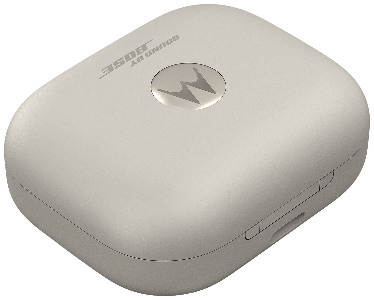 Custodia di ricarica wireless in bianco con il nome del marchio e il logo. È rettangolare con angoli arrotondati, adatta per auricolari.
