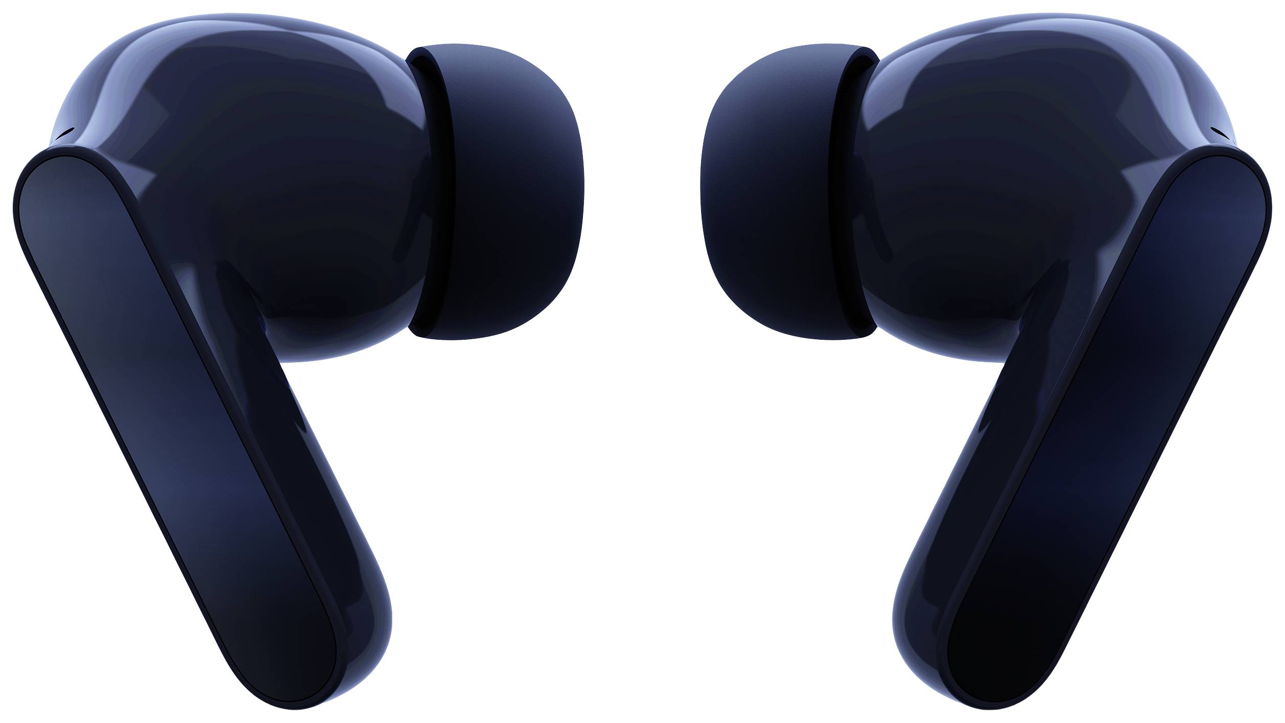 Due auricolari wireless neri con superficie liscia, posizionati uno di fronte all'altro. Sono compatti e dal design moderno.